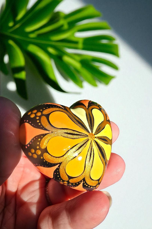 Petit coeur mandala en pointillisme orange et doré