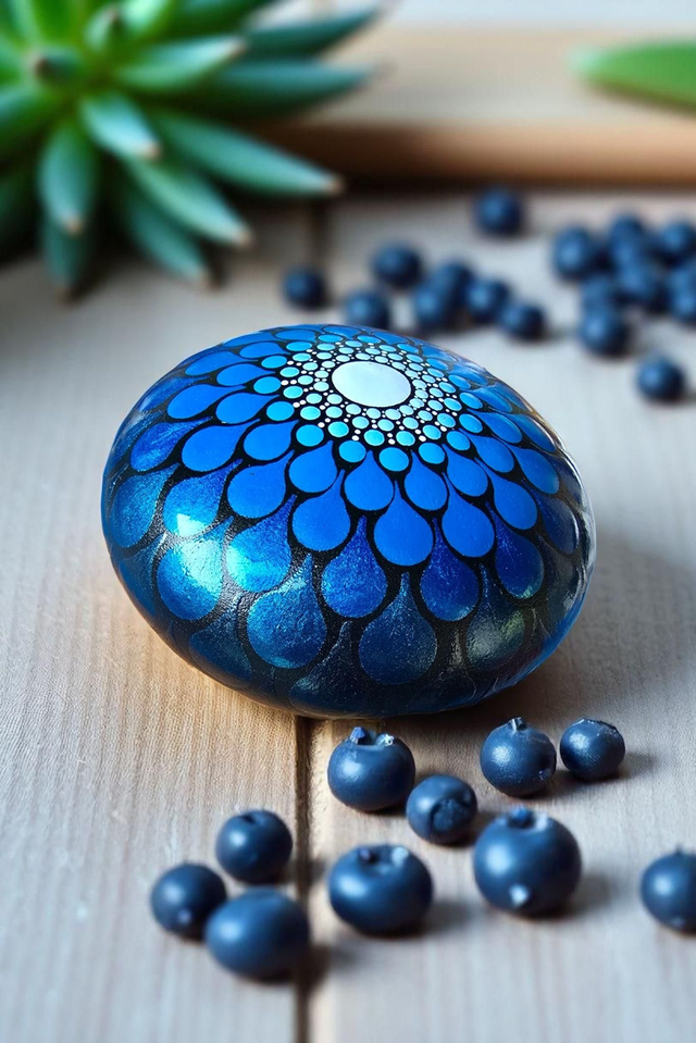 Petite pierre mandala en pointillsme bleu métallisé