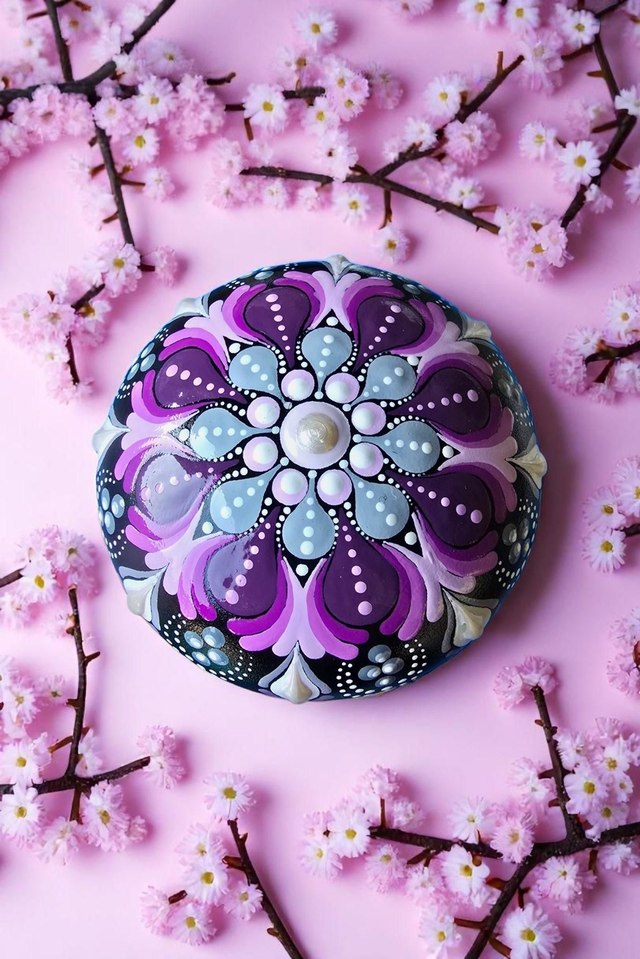 Petite pierre mandala en pointillisme violet & gris