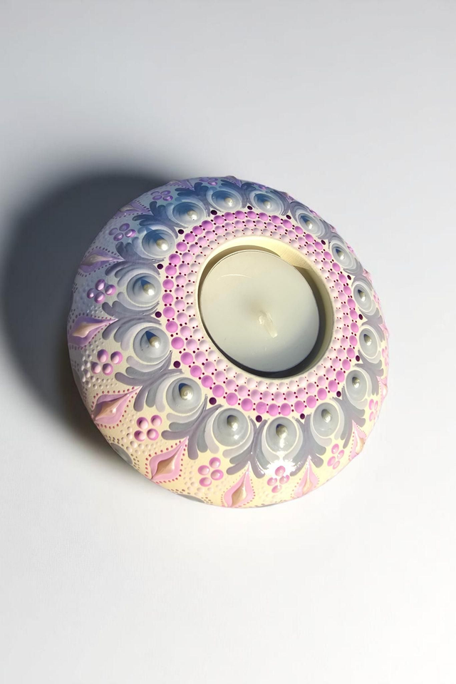 Bougeoir mandala en plâtre – Peint à la main blanc gris et rose