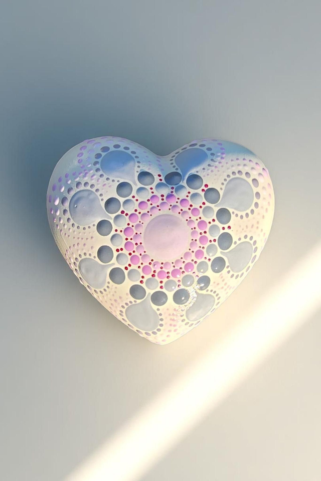Petit coeur blanc mandala en pointillisme rose et gris