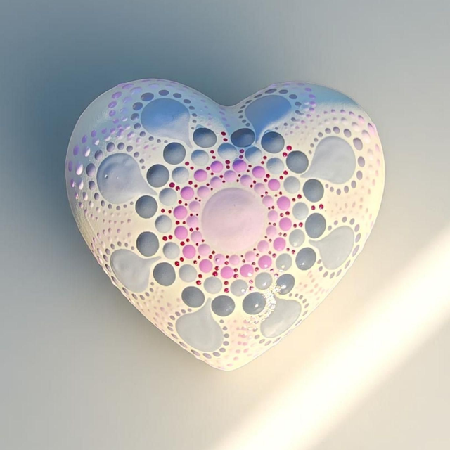 Petit coeur blanc mandala en pointillisme rose et gris
