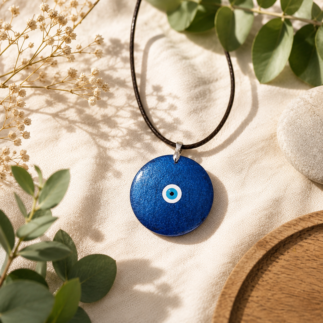 Collier Œil Protecteur Mandala Bleu peint à la main – Pendentif rond 40 mm – Bijou bohème zen – Cadeau femme