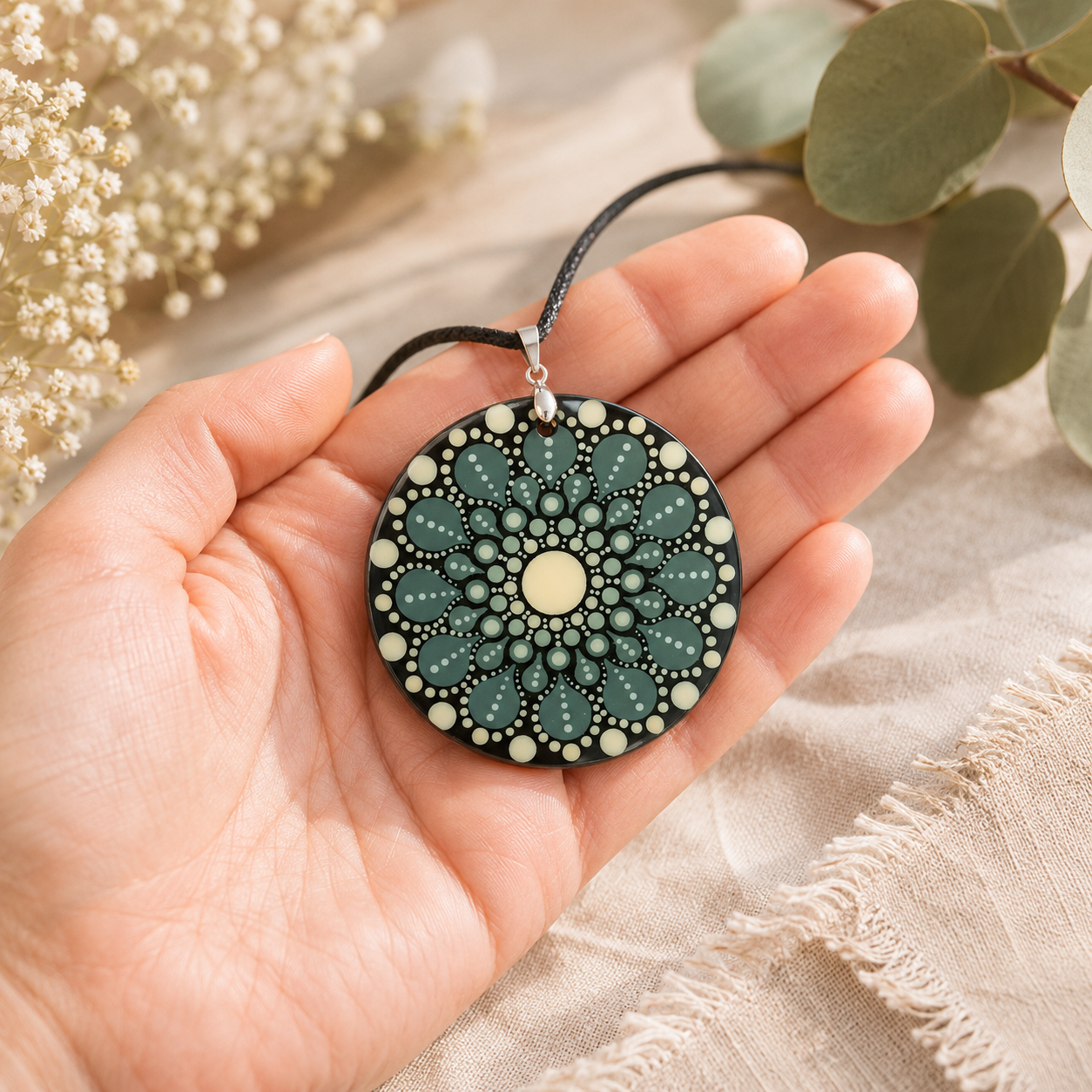 Collier en bois mandala vert en pointillisme