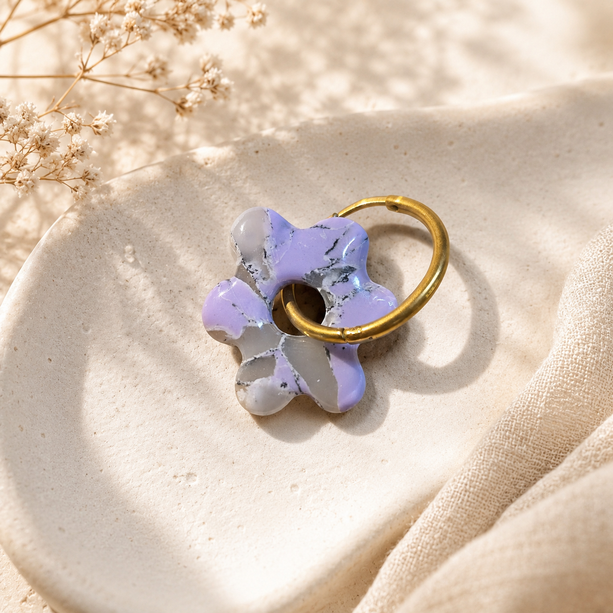 Pampilles fleurs vert anis/orange pailleté, et mauve marbré en argile polymère – Bijou bohème fait main – Cadeau femme