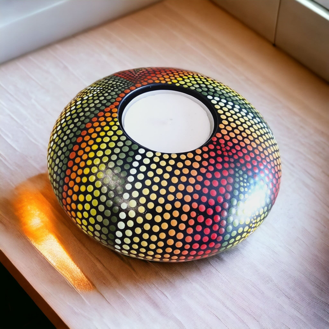 Bougeoir mandala peint à la main – Dégradé vert, orange et rouge