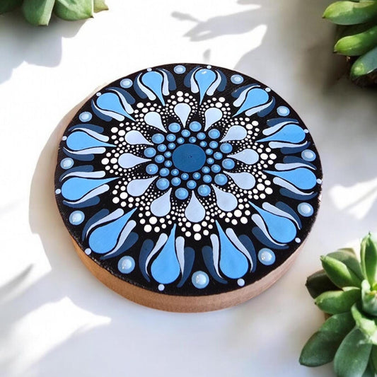 Décapsuleur rond en bambou mandala pointillisme bleu et blanc, aimant de réfrigérateur, ouvre bouteille de bière