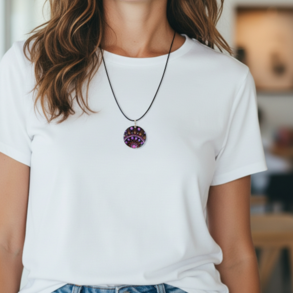 Collier en bois mandala pointillisme rose paillette et marron