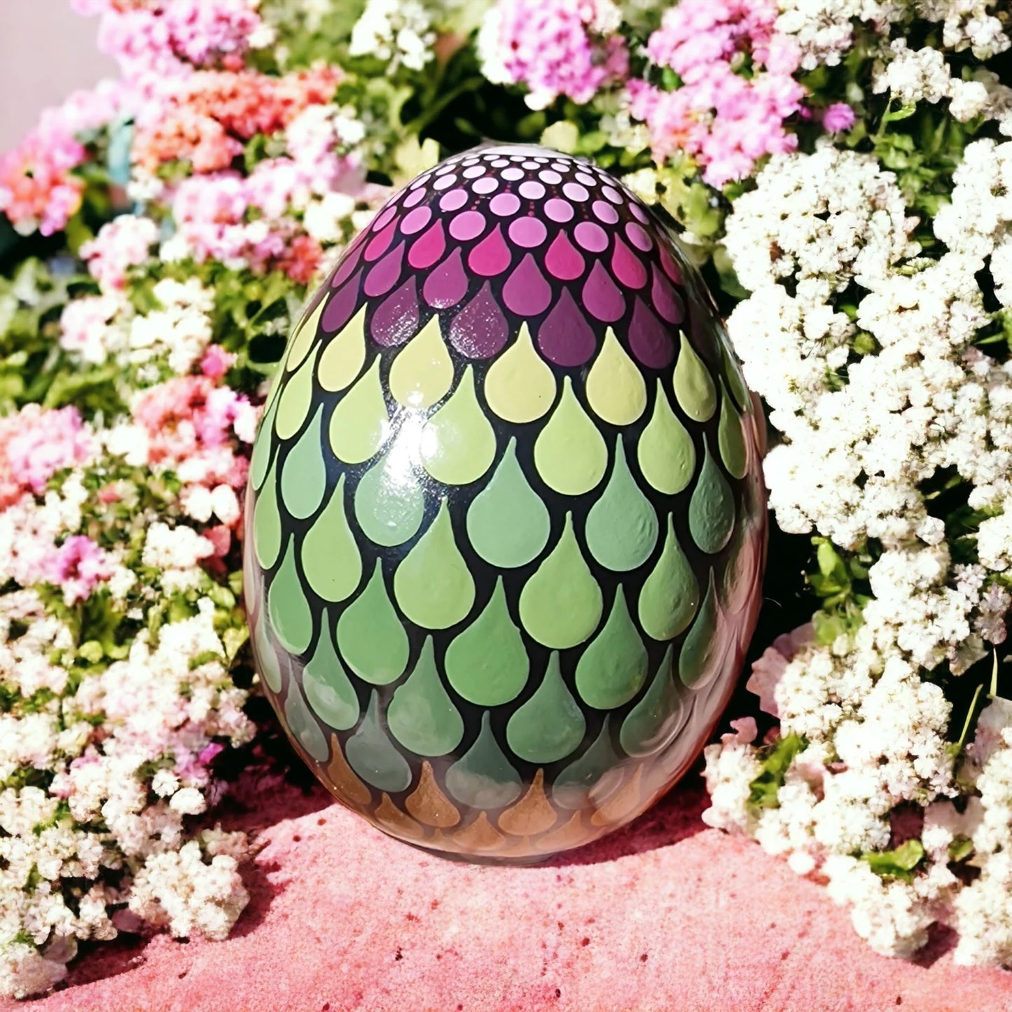 Œuf décoratif en plâtre résine – Peint à la main en dot painting – Dégradés prune, vert et cuivré