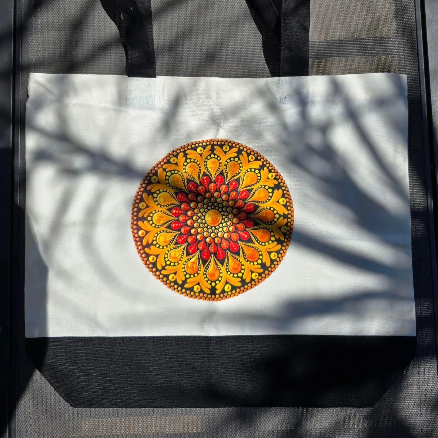 Sac fourre-tout en coton blanc mandala imprimé orange ou bleu | Création artisanale