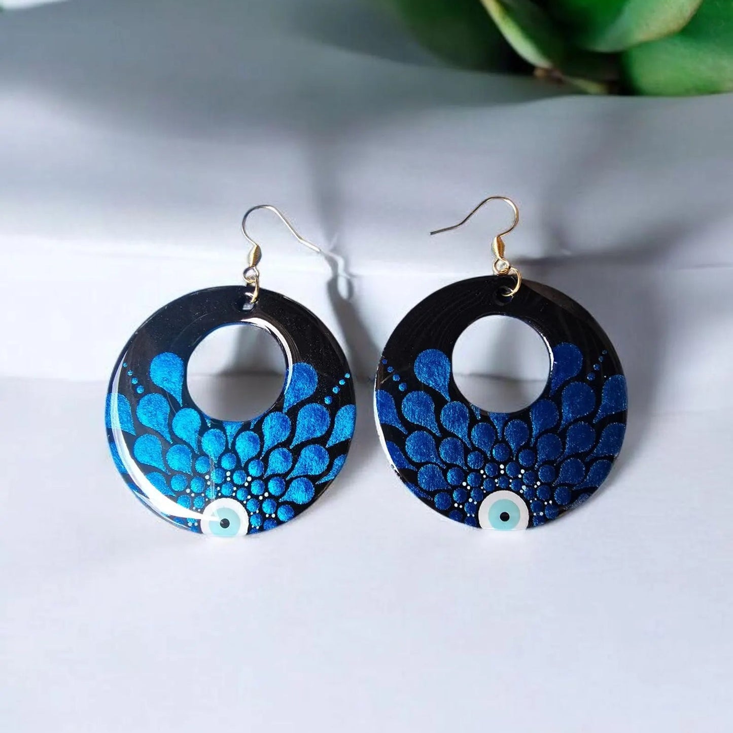 Boucles d’Oreilles en Bois ronde mandala oeil de protection