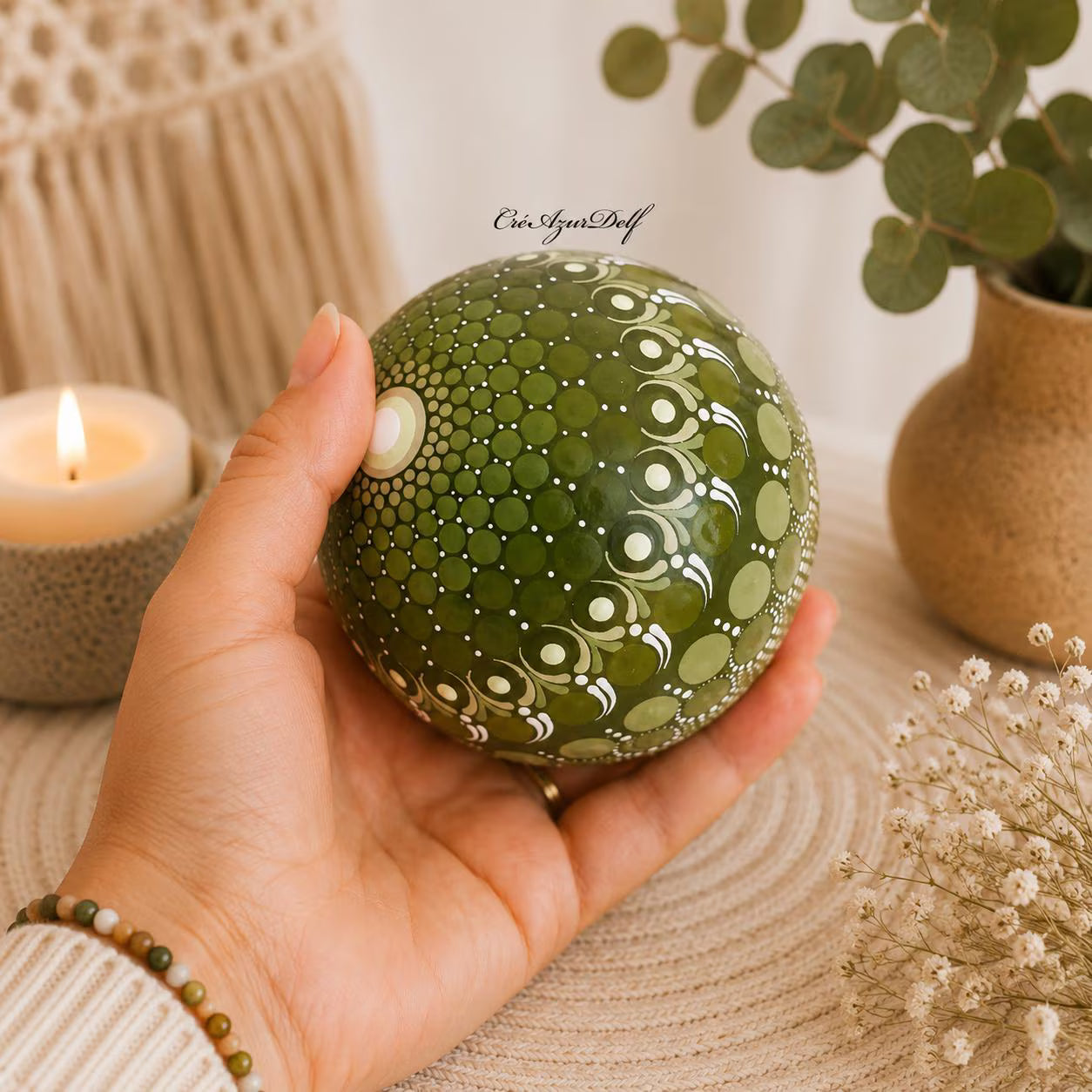 Sphère décorative mandala vert et blanc