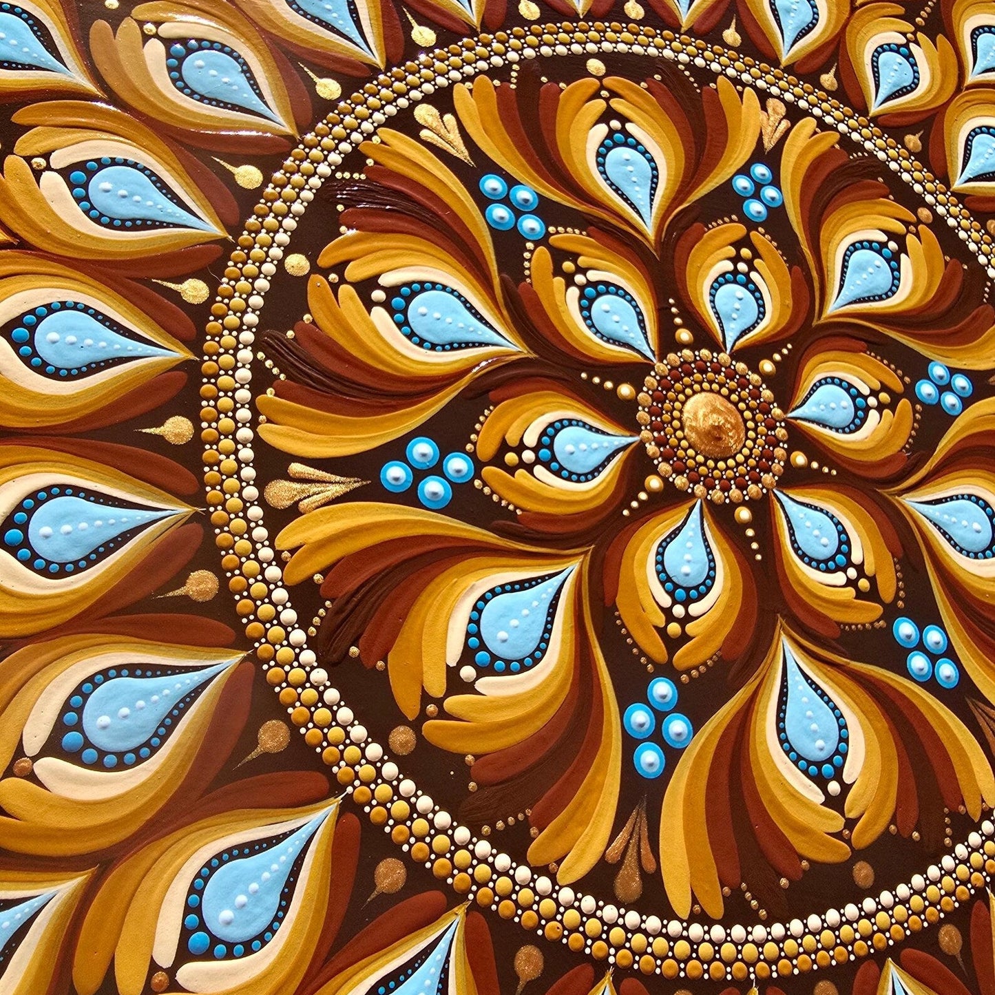 Tableau Mandala Pointillisme Marron Bleu 30cm – Art Mural Fait Main Zen