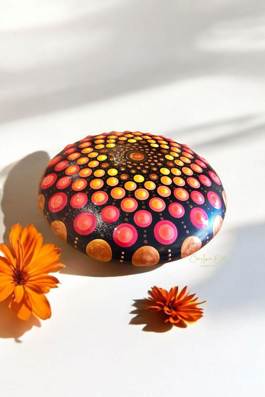 Grande pierre mandala en pointillisme orange et cuivre