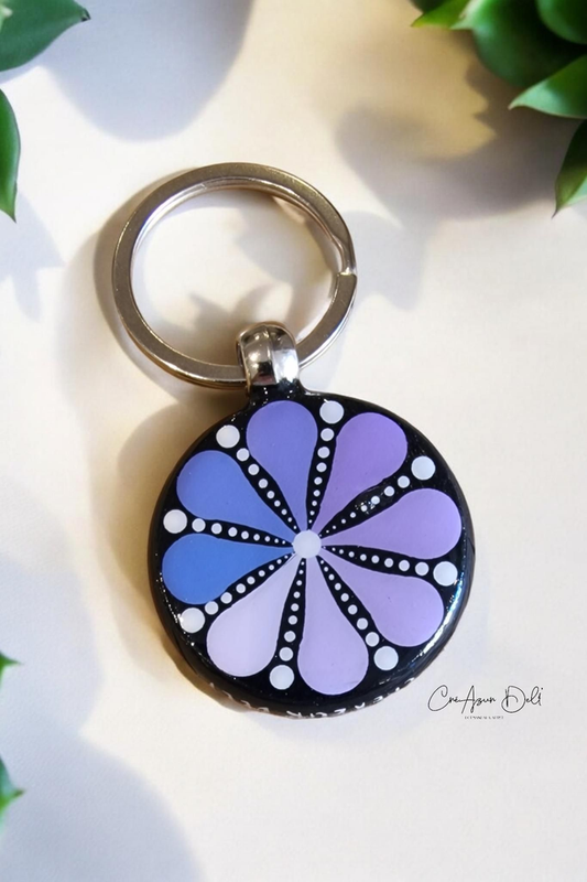 Porte-clés mandala peint double face mauve/bleuté