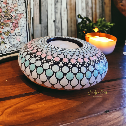 Bougeoir mandala en plâtre – Peint à la main pastel (bleu, rose)
