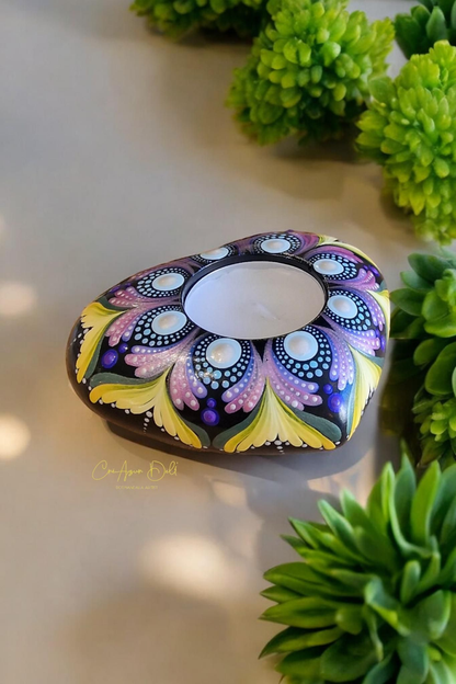 Bougeoir cœur mandala iridescent – Peint à la main en plâtre résine