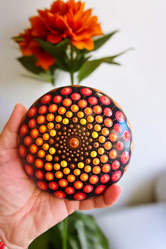 Grande pierre mandala en pointillisme orange et cuivre