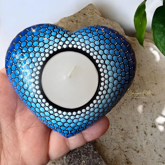Bougeoir cœur mandala bleu – Peint à la main en plâtre résine