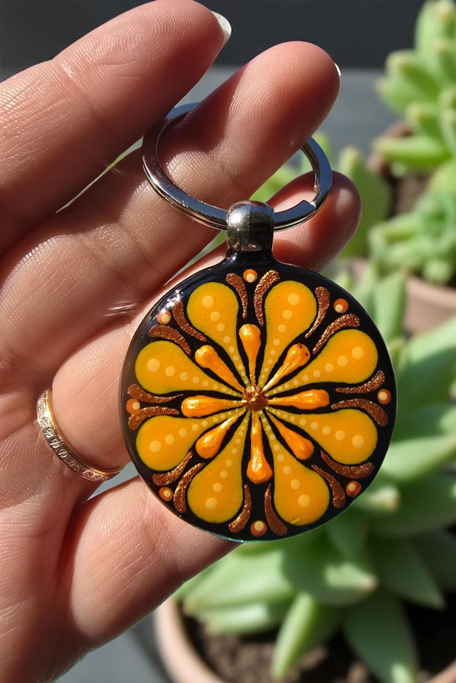 Porte-clés mandala peint double face orange et cuivré