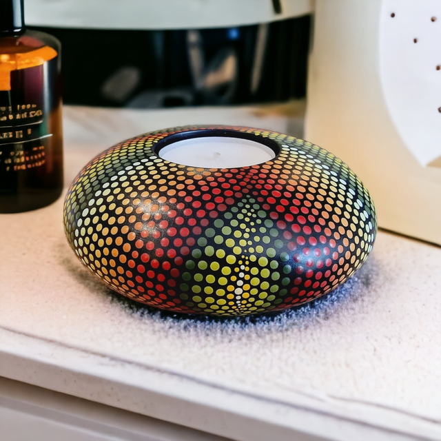Bougeoir mandala peint à la main – Dégradé vert, orange et rouge