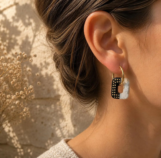 Pampilles rectangulaires noir et blanc en pâte polymère – Bijoux artisanaux interchangeables