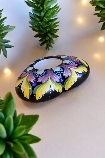 Bougeoir cœur mandala iridescent – Peint à la main en plâtre résine