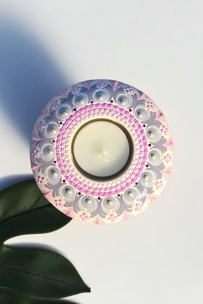 Bougeoir mandala en plâtre – Peint à la main blanc gris et rose