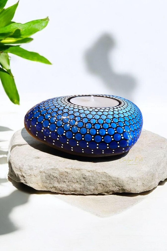 Bougeoir cœur mandala bleu – Peint à la main en plâtre résine