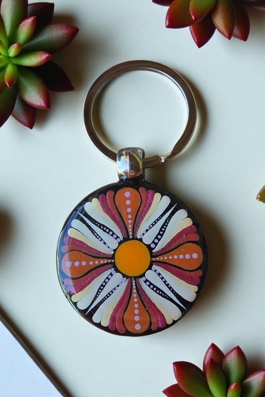 Porte-clés mandala peint double face orange, cuivré, fuchsia