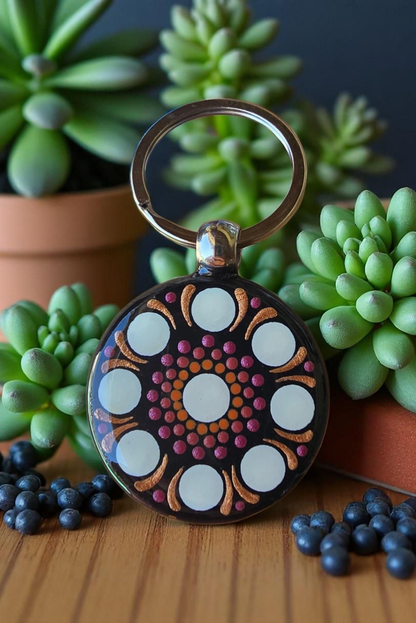 Porte-clés mandala peint double face orange, cuivré, fuchsia
