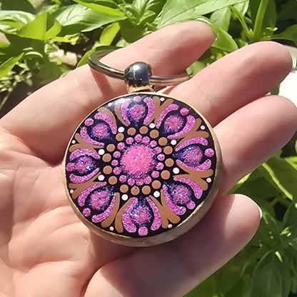Porte-clés rond mandala peint recto verso rose pailleté et marron