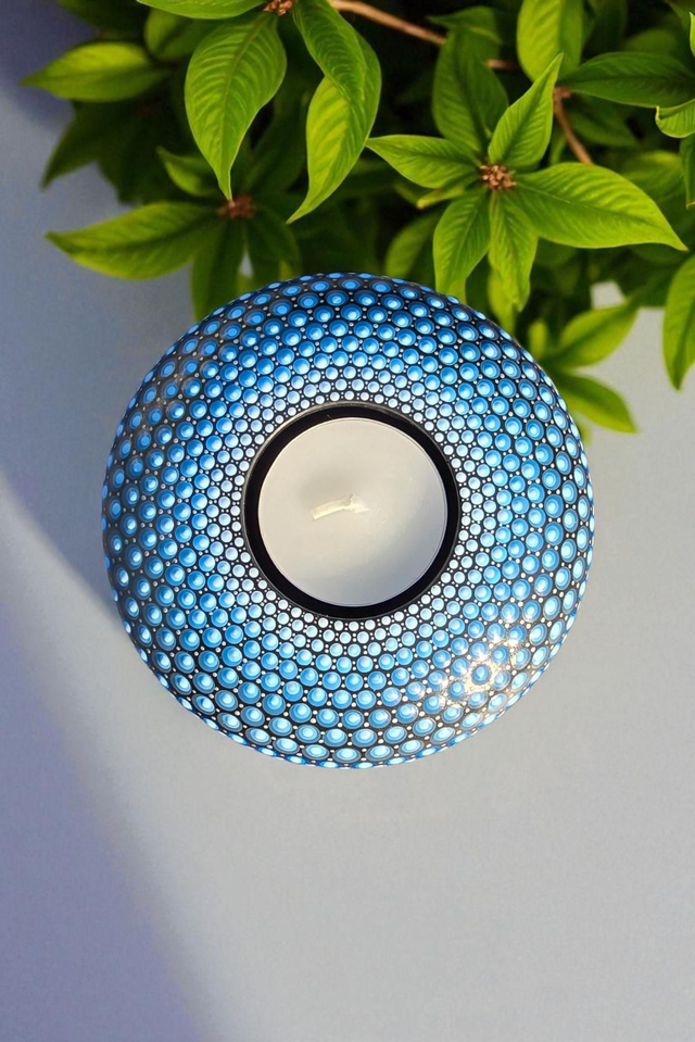 Bougeoir mandala en plâtre – Peint à la main bleu
