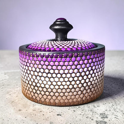 Boîte à bijoux en bois peinte à la main – Mandala en pointillisme dégradés de violet et taupe