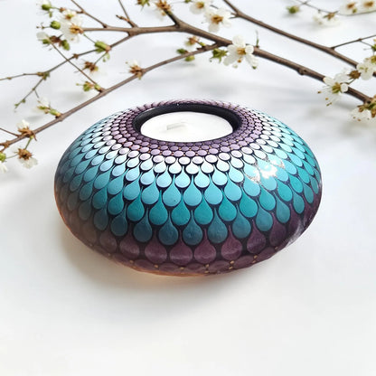 Bougeoir mandala pointillisme violet et bleu vert d'eau