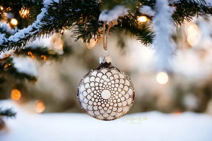 Boule de Noël en verre taupe – Mandala blanc en pointillisme