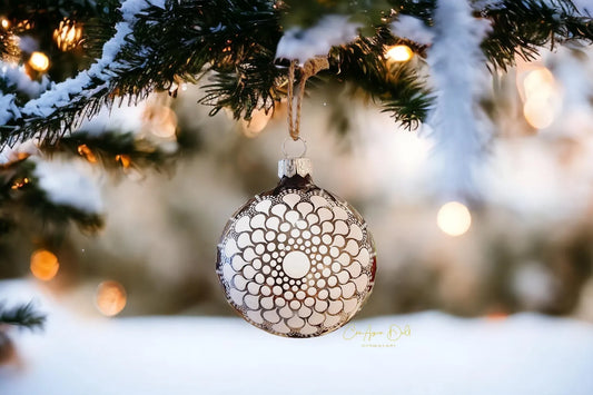 Boule de Noël en verre taupe – Mandala blanc en pointillisme