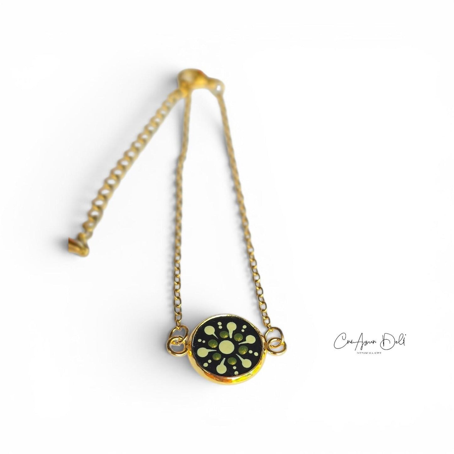 Bracelet Mandala jaune clair et bronze en acier Inoxydable – Medaillon peint à la Main, Pointillisme, Résine UV, Bijou Bohème Chic