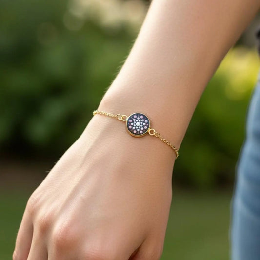 Bracelet Mandala rose en acier Inoxydable – Medaillon peint à la Main, Pointillisme, Résine UV, Bijou Bohème Chic (Copie)