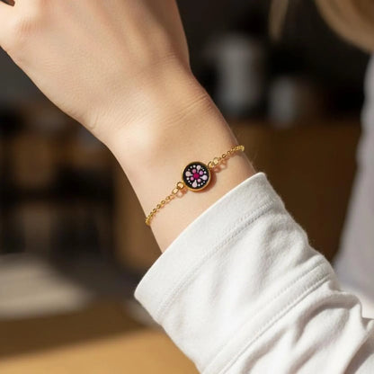 Bracelet Mandala rose en acier Inoxydable – Medaillon peint à la Main, Pointillisme, Résine UV, Bijou Bohème Chic (Copie) (Copie)