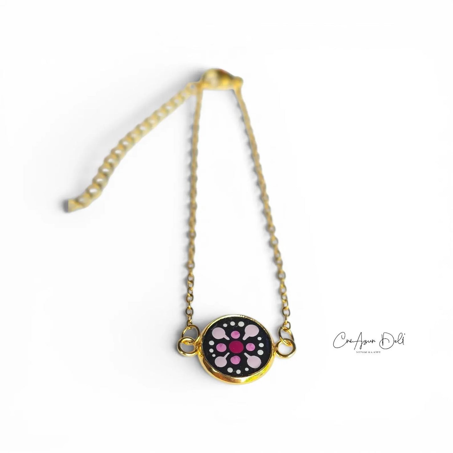 Bracelet Mandala rose en acier Inoxydable – Medaillon peint à la Main, Pointillisme, Résine UV, Bijou Bohème Chic (Copie) (Copie)