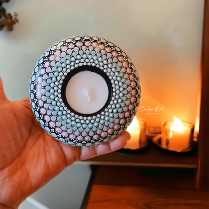 Bougeoir mandala en plâtre – Peint à la main pastel (bleu, rose)
