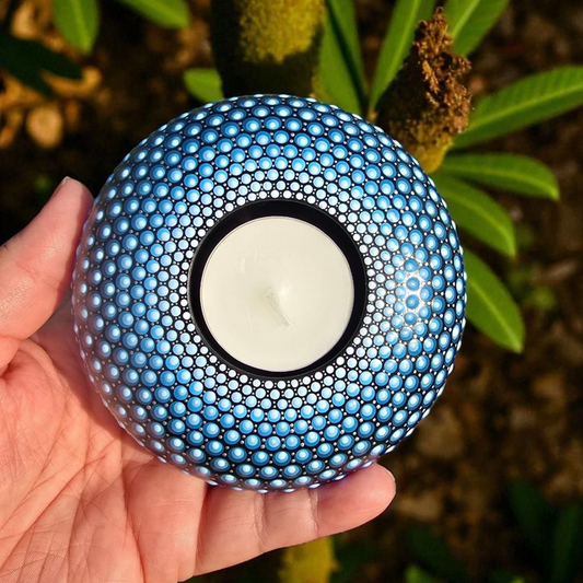 Bougeoir rond mandala bleu en pointillisme