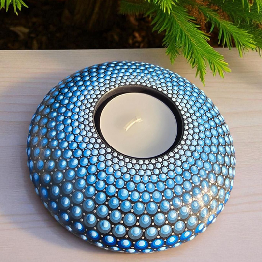 Bougeoir mandala en plâtre – Peint à la main bleu