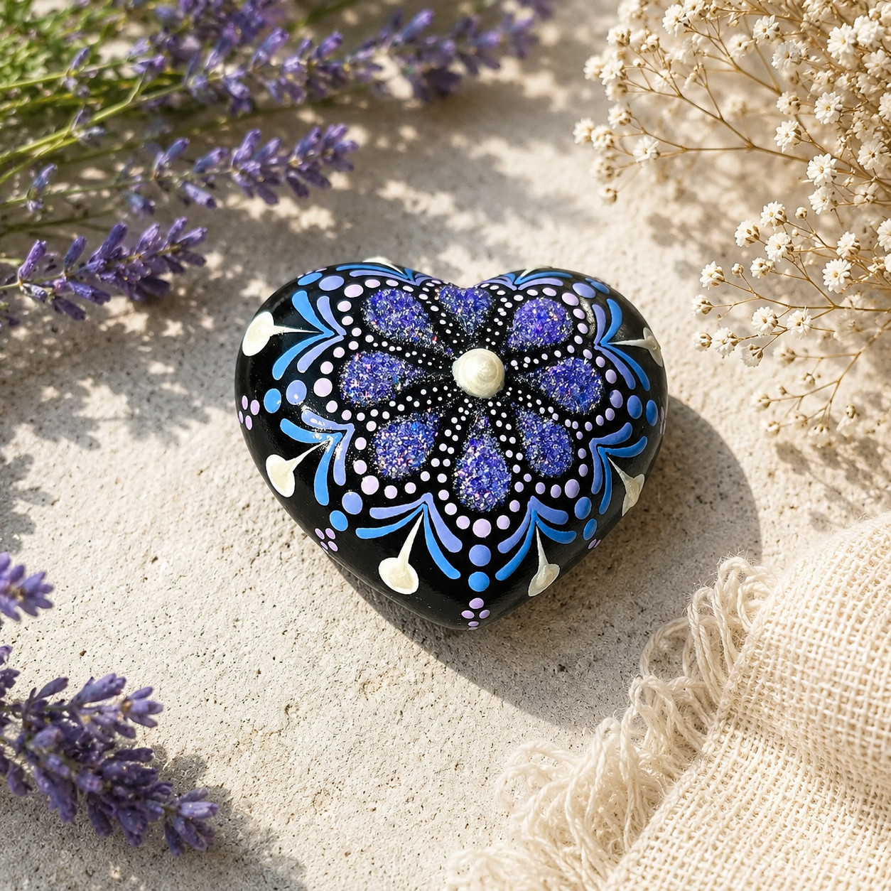 Petit coeur mandala violet pailleté et blanc nacré en plâtre résine