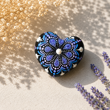 Petit coeur mandala violet pailleté et blanc nacré en plâtre résine