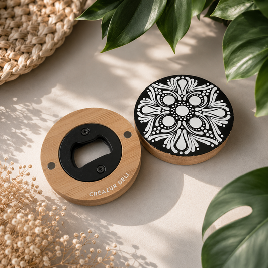 Décapsuleur et aimant rond en bambou – Mandala blanc peint à la main