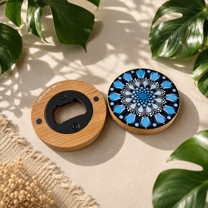 Décapsuleur et aimant rond en bambou – Mandala bleu et blanc peint à la main