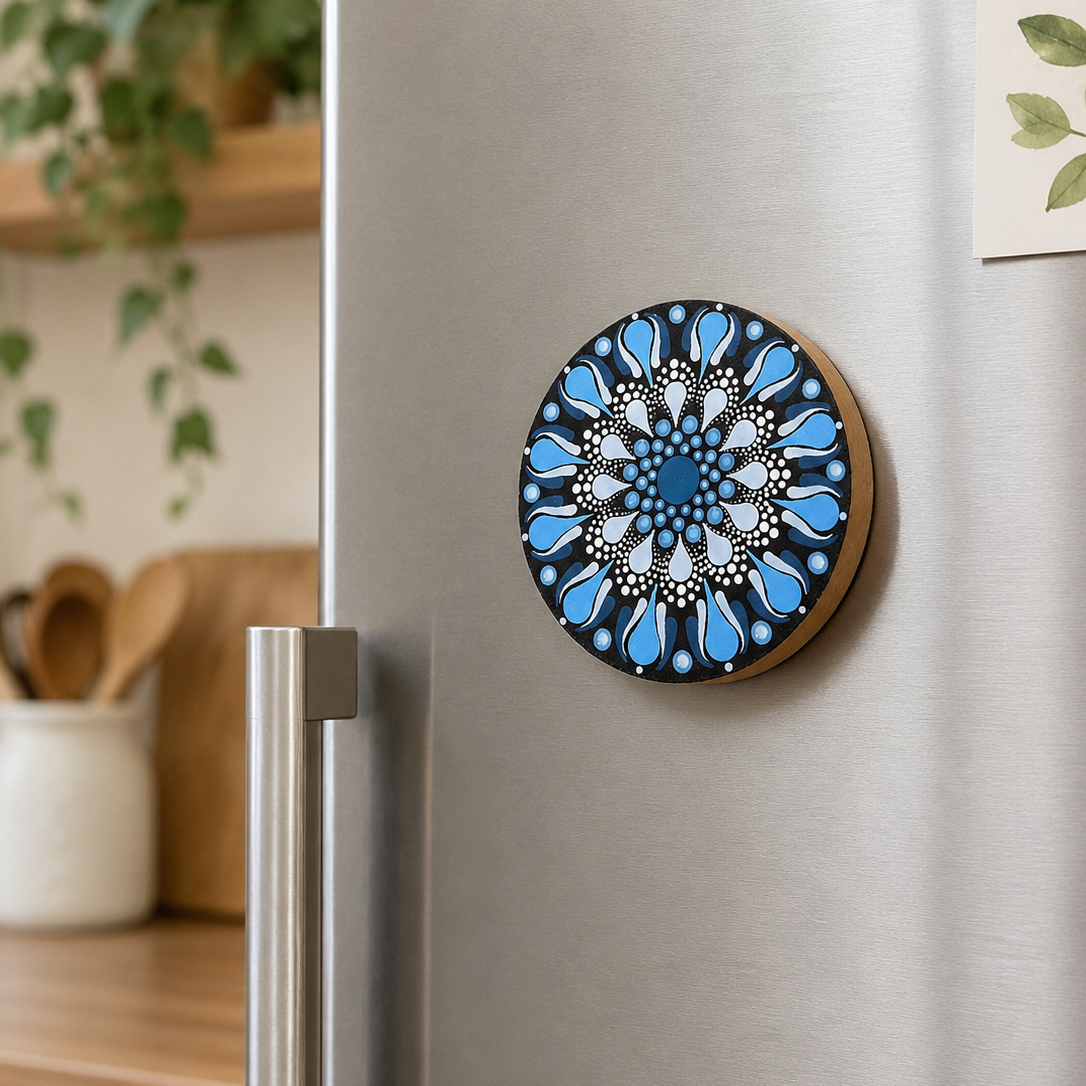 Décapsuleur et aimant rond en bambou – Mandala bleu et blanc peint à la main
