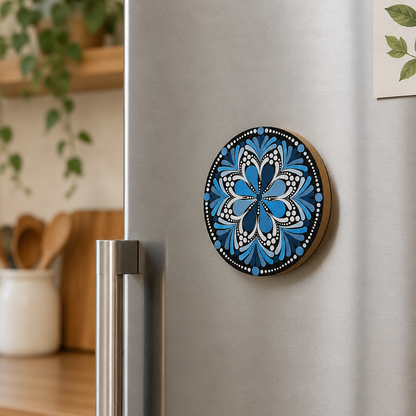 Décapsuleur et aimant rond en bambou – Mandala bleu et blanc peint à la main